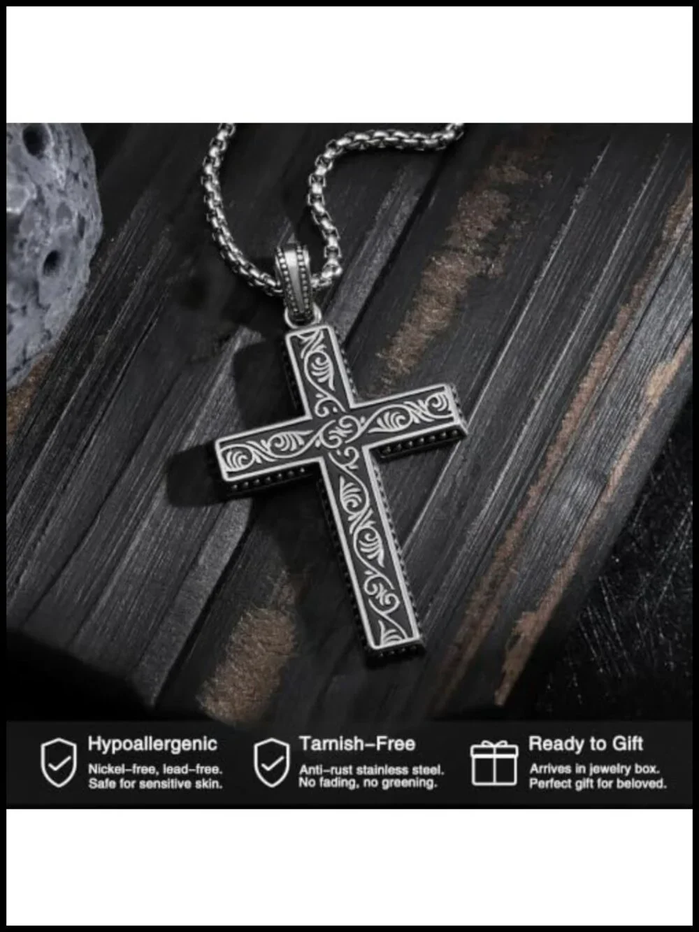 Gothic Cross Necklace 316L Stainless Steel Victorian Filigree Pendant 22 Chain